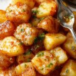 Golden-brown, crispy edges of sliced potatoes coated in savory onion soup and herbs, arranged in a rustic serving dish with sprigs of fresh parsley on top, steam rising gently