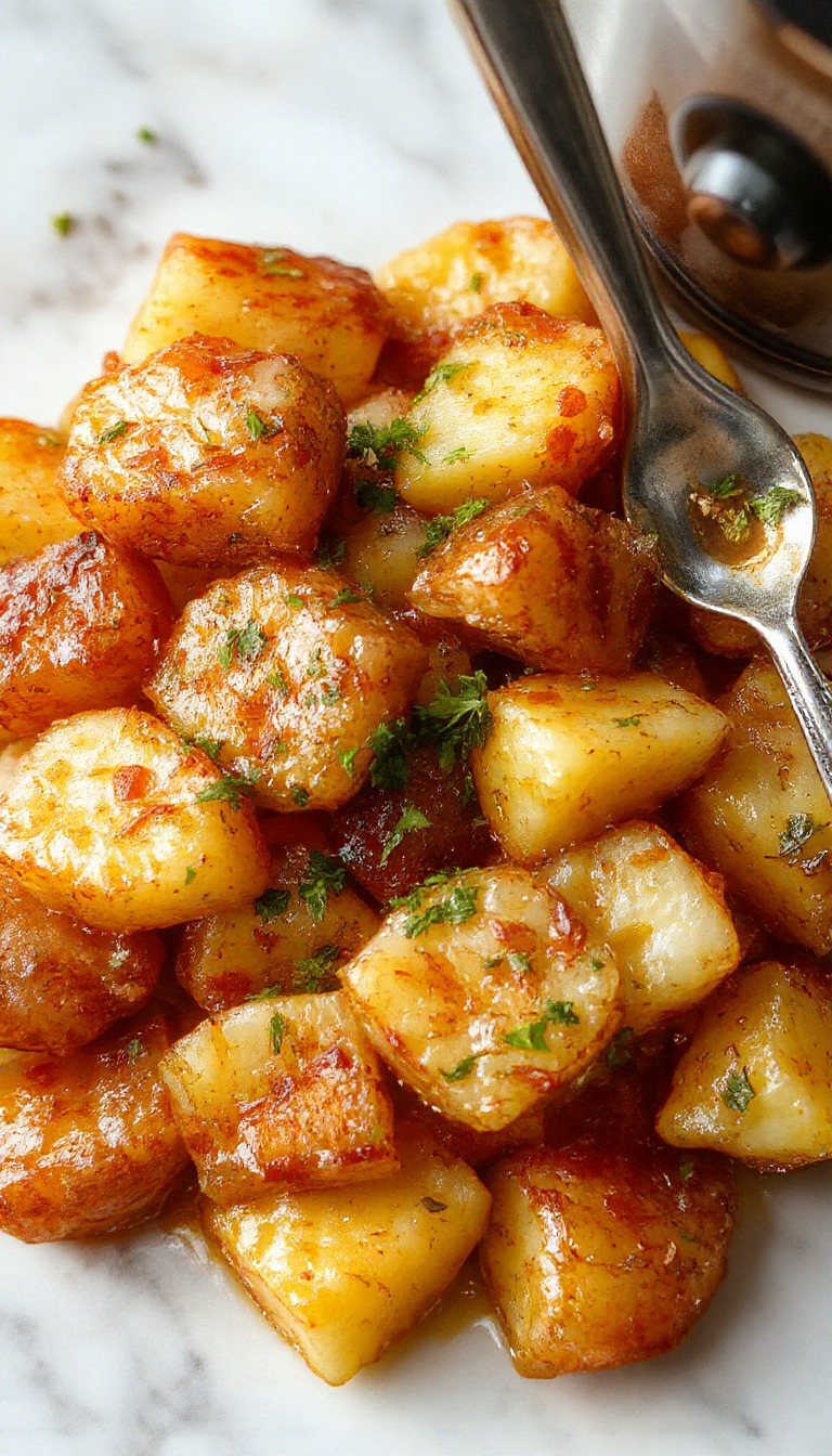 Golden-brown, crispy edges of sliced potatoes coated in savory onion soup and herbs, arranged in a rustic serving dish with sprigs of fresh parsley on top, steam rising gently