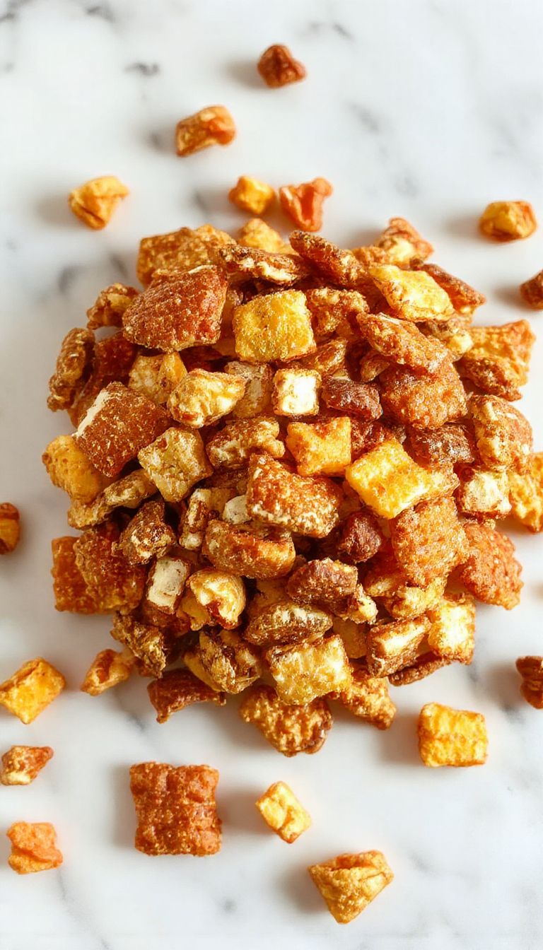A colorful bowl filled with scarecrow crunch snack mix featuring caramel-coated popcorn, pretzels, and candies, all coated in a rich caramel glaze, with festive Halloween-themed decorations in the background.