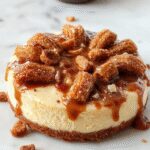A golden-brown churro-style cheesecake topped with a dusting of cinnamon sugar, sliced to reveal a creamy interior. The cheesecake is decorated with churro segments and drizzled with caramel sauce, all presented on a stylish white plate with a rustic wooden background.