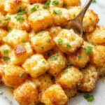 A golden baked tater tot casserole served in a round dish, topped with melted cheese and garnished with chopped herbs. The crispy tater tots form a crunchy crust around a creamy, cheesy potato filling, with a portion scooped out to reveal the layers inside. The dish sits on a rustic wooden table, exuding warm comfort and inviting appeal.