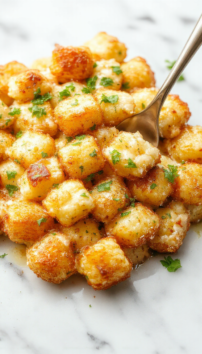 A golden baked tater tot casserole served in a round dish, topped with melted cheese and garnished with chopped herbs. The crispy tater tots form a crunchy crust around a creamy, cheesy potato filling, with a portion scooped out to reveal the layers inside. The dish sits on a rustic wooden table, exuding warm comfort and inviting appeal.