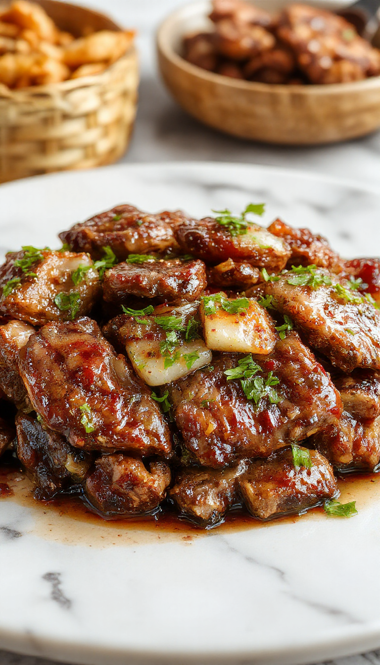A sizzling Chinese Pepper Steak with onions is presented on a white ceramic plate. The tender beef strips coated in a glossy, dark soy-based sauce are topped with crisp, caramelized onion slices and sprinkled with freshly ground black pepper. The dish is garnished with sliced green onions and sesame seeds, set against a dark wooden surface with a few scattered peppercorns around it. The vibrant colors of the beef, onions, and green garnishes beautifully contrast with the shiny sauce and rustic plate.