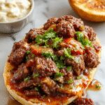 A rustic slow cooker filled with tender, shredded beef Manhattan stew garnished with fresh herbs, surrounded by colorful vegetables and side dishes, served on a wooden table with warm lighting highlighting the savory textures and hearty appeal.