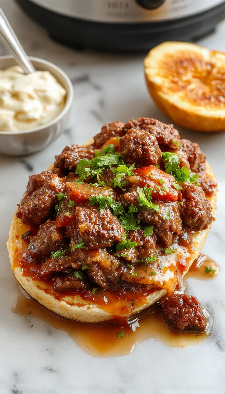 A rustic slow cooker filled with tender, shredded beef Manhattan stew garnished with fresh herbs, surrounded by colorful vegetables and side dishes, served on a wooden table with warm lighting highlighting the savory textures and hearty appeal.