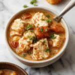 A rustic white bowl filled with thick, hearty chicken stew featuring tender chicken chunks, vegetables, and a rich broth. The stew is garnished with fresh herbs and placed on a wooden serving board, with steam gently rising, surrounded by rustic bread slices and fresh herbs.