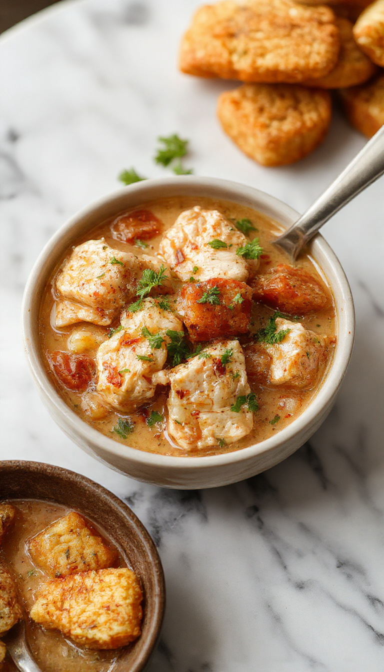 A rustic white bowl filled with thick, hearty chicken stew featuring tender chicken chunks, vegetables, and a rich broth. The stew is garnished with fresh herbs and placed on a wooden serving board, with steam gently rising, surrounded by rustic bread slices and fresh herbs.