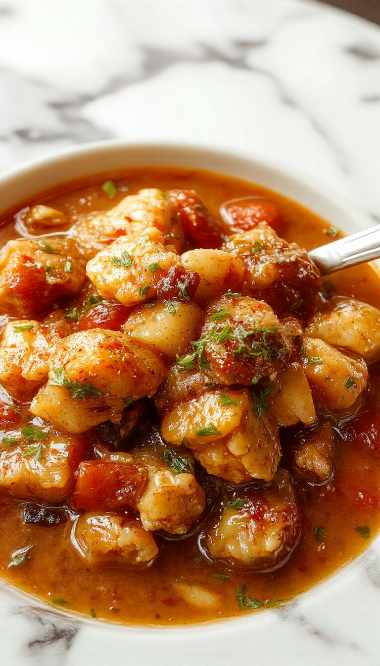 A hearty chicken stew served in a rustic bowl, featuring tender pieces of chicken, orange-hued carrots, and green peas immersed in a thick, savory broth. The dish is garnished with fresh herbs and steam gently rises from the warm, comforting meal, set against a cozy kitchen background with a wooden spoon and a napkin nearby.