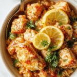 A close-up view of tender shredded chicken infused with lemon and herbs, served over fluffy white rice in a rustic white bowl. Garnished with fresh parsley and lemon slices, with steam rising, highlighting the vibrant yellow and green colors and the moist, flavorful textures of the dish.