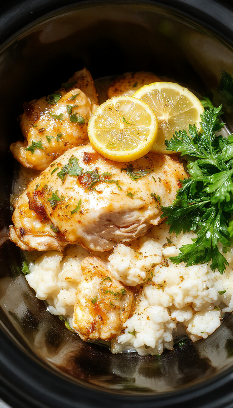 A close-up view of tender shredded chicken infused with lemon and herbs, served over fluffy white rice in a rustic white bowl. Garnished with fresh parsley and lemon slices, with steam rising, highlighting the vibrant yellow and green colors and the moist, flavorful textures of the dish.