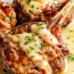 A close-up of tender pork chops in a creamy garlic Parmesan sauce, garnished with freshly chopped parsley, served on a rustic plate with a side of sautéed mushrooms and melted cheese, steam rising from the hot dish, set against a cozy kitchen background.
