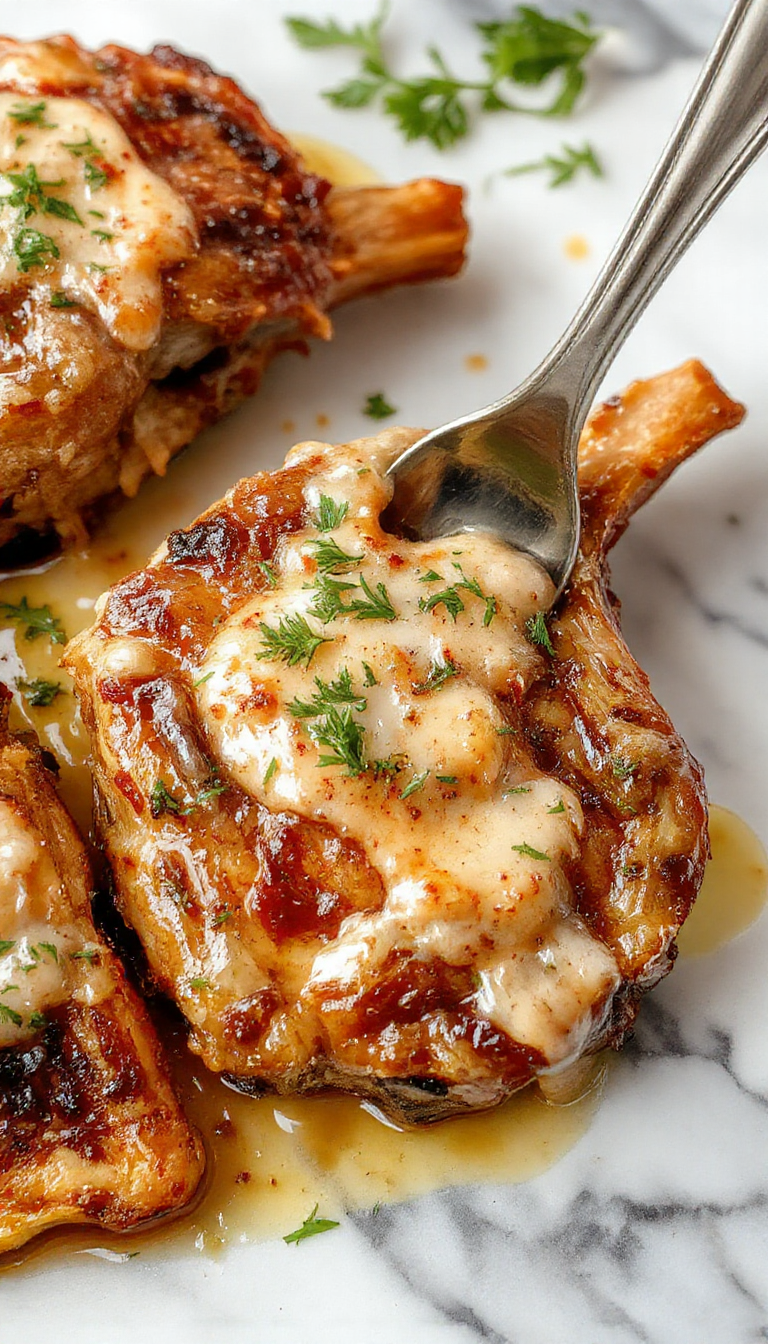 A close-up of tender pork chops in a creamy garlic Parmesan sauce, garnished with freshly chopped parsley, served on a rustic plate with a side of sautéed mushrooms and melted cheese, steam rising from the hot dish, set against a cozy kitchen background.