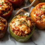 A vibrant plate of stuffed bell peppers featuring glossy red and green peppers filled with a savory mixture of ground beef, rice, and herbs. The peppers are topped with melted cheese and garnished with fresh parsley, arranged artfully on a rustic white plate with a wooden background, showcasing a warm and inviting fall meal.