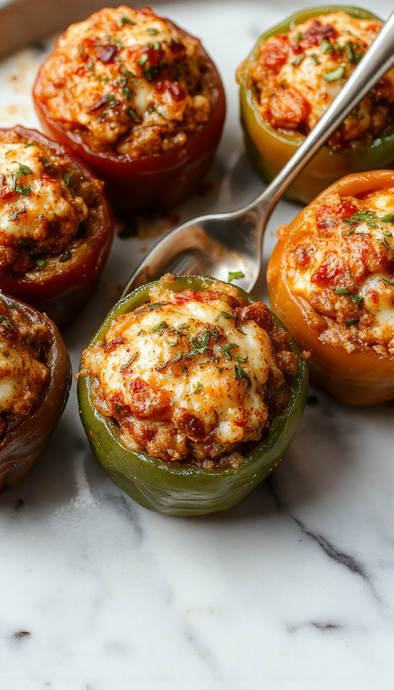 A vibrant plate of stuffed bell peppers featuring glossy red and green peppers filled with a savory mixture of ground beef, rice, and herbs. The peppers are topped with melted cheese and garnished with fresh parsley, arranged artfully on a rustic white plate with a wooden background, showcasing a warm and inviting fall meal.