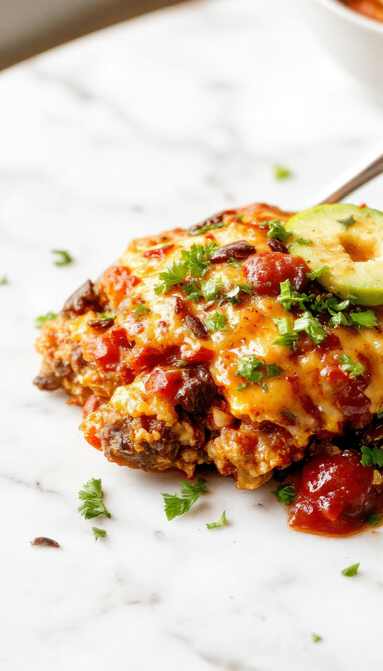 A savory slow cooker taco casserole displayed in a rustic ceramic dish, topped with melted cheese, fresh chopped cilantro, and sliced jalapeños, with colorful layers of seasoned ground beef, beans, and crunchy taco shell pieces visible.