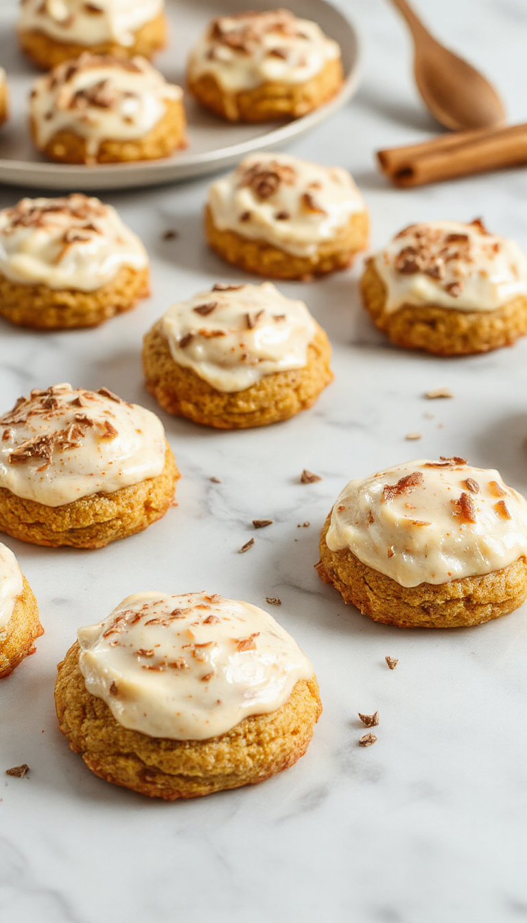 A close-up of two soft pumpkin cookies topped with creamy cinnamon frosting, beautifully arranged on a rustic wooden plate, with a dusting of cinnamon around them. The cookies are golden orange with a slightly cracked surface, showcasing their moist texture and warm spice notes.