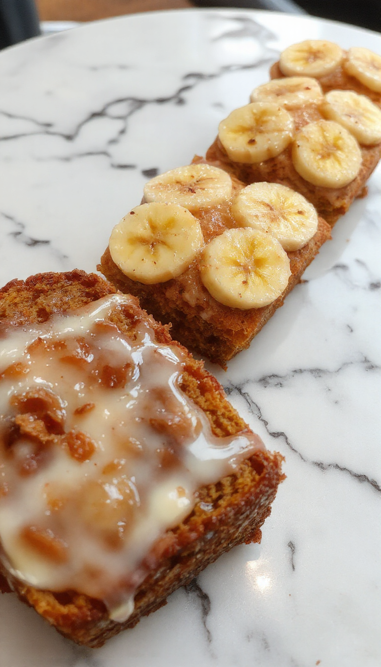 A slice of golden-brown banana bread on a rustic wooden plate, topped with a pat of melting butter and garnished with banana slices and a sprig of mint, with a blurred coffee cup in the background.