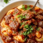 A steaming bowl of beef ragu topped with fresh herbs and grated Parmesan cheese, served over wide pasta noodles. The dish showcases tender beef chunks in a thick, rich tomato sauce, presented on a rustic wooden table with a side of crusty bread and fresh basil garnish.