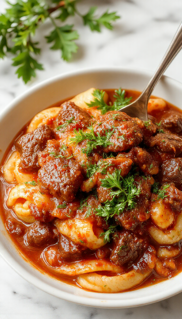 A steaming bowl of beef ragu topped with fresh herbs and grated Parmesan cheese, served over wide pasta noodles. The dish showcases tender beef chunks in a thick, rich tomato sauce, presented on a rustic wooden table with a side of crusty bread and fresh basil garnish.
