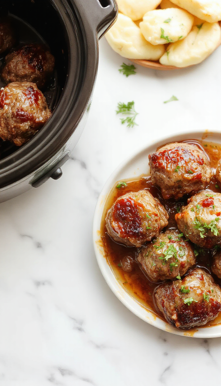 A rustic white platter showcasing tender Salisbury steak meatballs glazed with rich gravy, garnished with fresh parsley, surrounded by roasted vegetables on a warm wooden table.