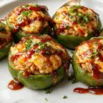 Colorful halved bell peppers filled with a savory mixture of diced chicken, pineapple chunks, and teriyaki sauce. The peppers are vibrant red and yellow, topped with a sprinkle of sesame seeds and chopped green onions, arranged on a white plate with a glossy glaze emphasizing their juiciness and flavor.