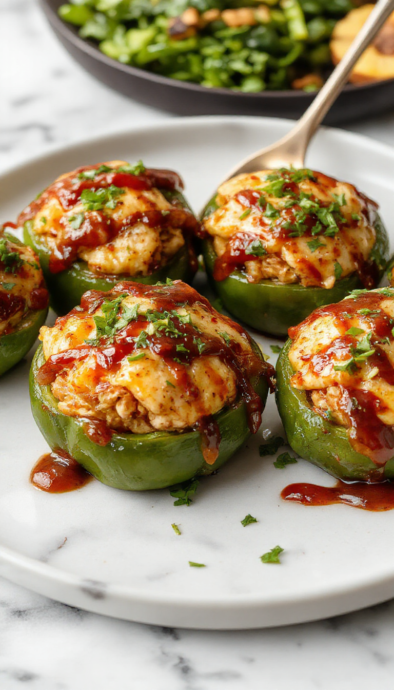 Colorful halved bell peppers filled with a savory mixture of diced chicken, pineapple chunks, and teriyaki sauce. The peppers are vibrant red and yellow, topped with a sprinkle of sesame seeds and chopped green onions, arranged on a white plate with a glossy glaze emphasizing their juiciness and flavor.