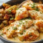A sizzling skillet filled with tender, golden-brown chicken pieces coated in rich butter sauce, topped with melted cheese and garnished with fresh herbs. The skillet is sizzling on a rustic wooden table, with a side of steamed vegetables and warm bread visible in the background, highlighting an appetizing and inviting presentation.