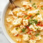 A steaming bowl of white chicken chili topped with shredded cheese and fresh herbs. The chili's creamy, light-colored broth with chunks of shredded chicken, beans, and spices is prominently displayed in a rustic, white ceramic bowl placed on a wooden surface. In the background, a side of crusty bread and a spoon enhance the cozy, inviting presentation.