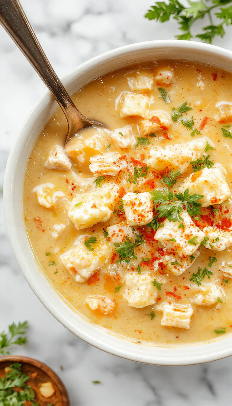 A steaming bowl of white chicken chili topped with shredded cheese and fresh herbs. The chili's creamy, light-colored broth with chunks of shredded chicken, beans, and spices is prominently displayed in a rustic, white ceramic bowl placed on a wooden surface. In the background, a side of crusty bread and a spoon enhance the cozy, inviting presentation.