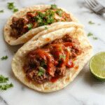 A close-up of golden-brown beef birria tacos filled with tender shredded beef, topped with fresh cilantro and diced onions, with a side of rich, red birria consommé in a rustic bowl, all arranged on a wooden platter.