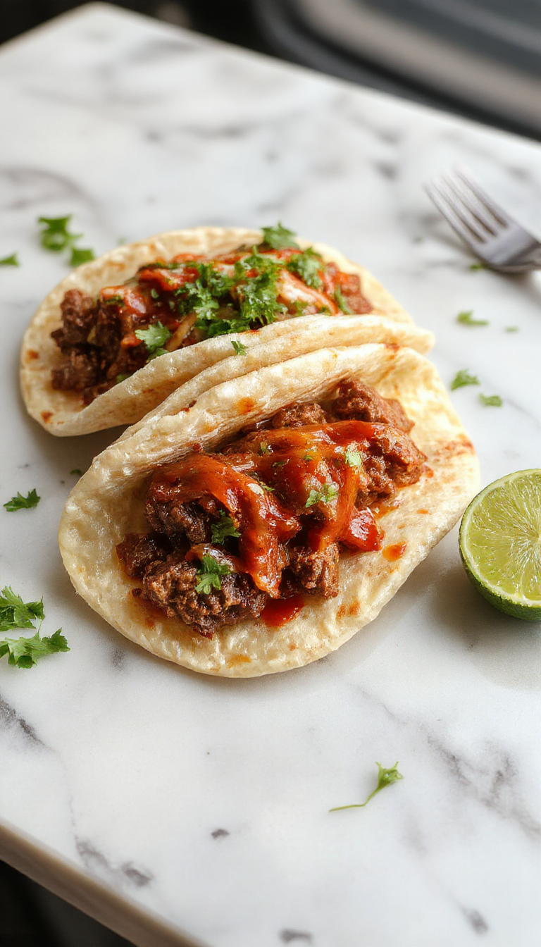 A close-up of golden-brown beef birria tacos filled with tender shredded beef, topped with fresh cilantro and diced onions, with a side of rich, red birria consommé in a rustic bowl, all arranged on a wooden platter.