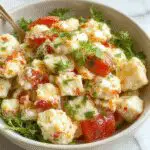 A vibrant crab salad served in a wide white bowl, featuring chunks of bright orange crab meat, fresh green herbs, and colorful cherry tomatoes, topped with a lemon wedge and sprinkled with chopped parsley, garnished with celery sticks on the side.