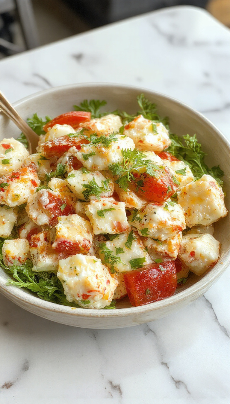 A vibrant crab salad served in a wide white bowl, featuring chunks of bright orange crab meat, fresh green herbs, and colorful cherry tomatoes, topped with a lemon wedge and sprinkled with chopped parsley, garnished with celery sticks on the side.