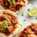 A close-up image of a plate of sizzling birria tacos filled with tender shredded beef, topped with diced onions, fresh cilantro, and a sprinkling of lime wedges. The tacos are golden brown with crispy edges, garnished with colorful salsa and placed on a rustic wooden surface with a few cilantro sprigs for decoration.