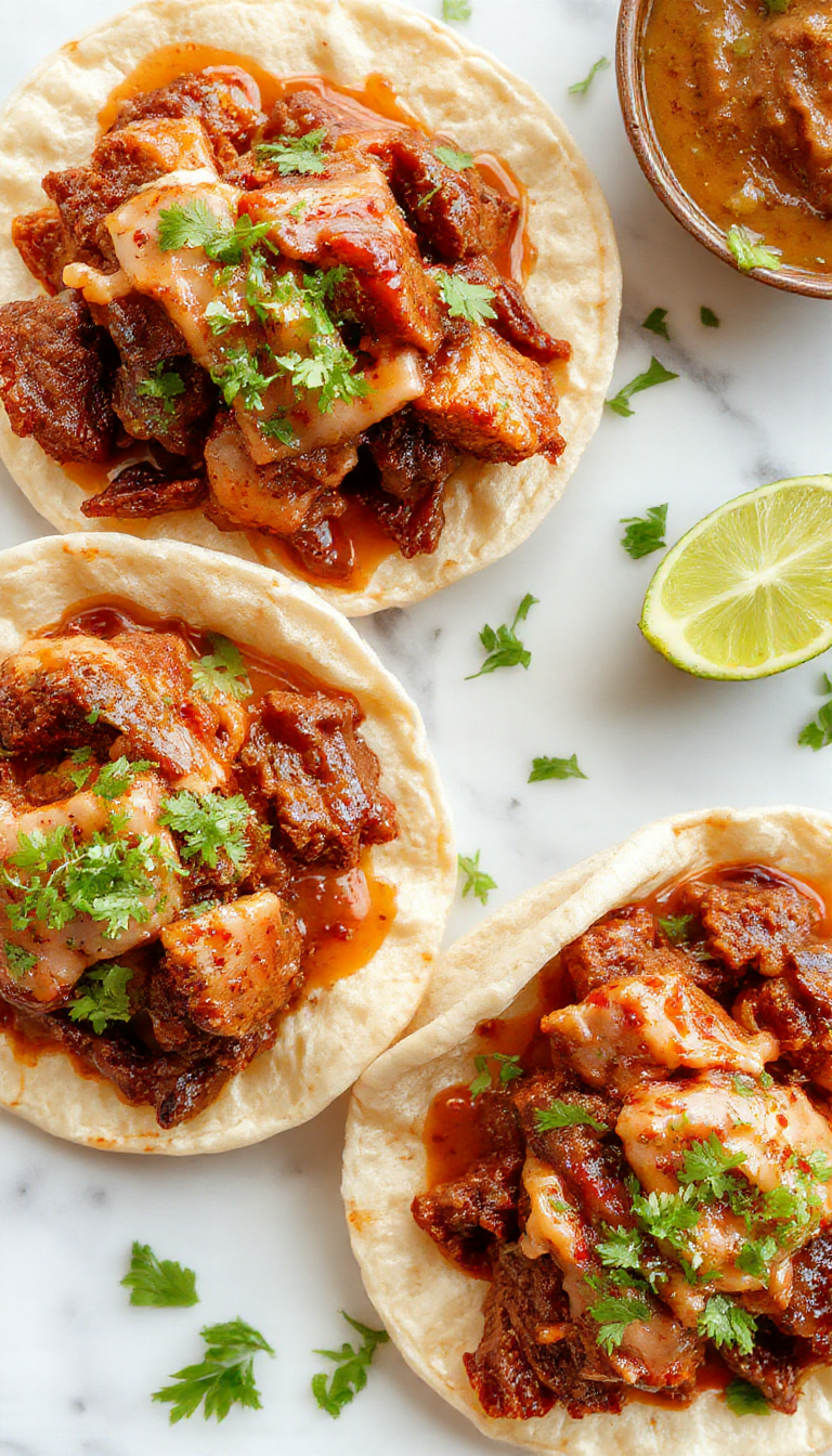 A close-up image of a plate of sizzling birria tacos filled with tender shredded beef, topped with diced onions, fresh cilantro, and a sprinkling of lime wedges. The tacos are golden brown with crispy edges, garnished with colorful salsa and placed on a rustic wooden surface with a few cilantro sprigs for decoration.