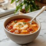 A steaming bowl of creamy cauliflower soup garnished with fresh herbs, served in a rustic white bowl on a wooden table, with a drizzle of cream and crispy bread on the side, showcasing a velvety texture and warm inviting colors