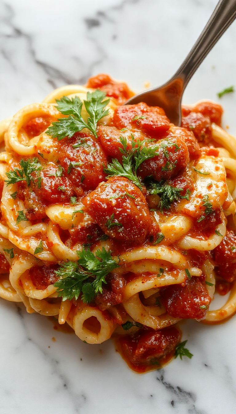 A close-up of a bowl of creamy tomato pasta garnished with fresh basil leaves, featuring a rich red sauce with hints of cream, topped with grated cheese, and served with a side of rustic bread under warm lighting.