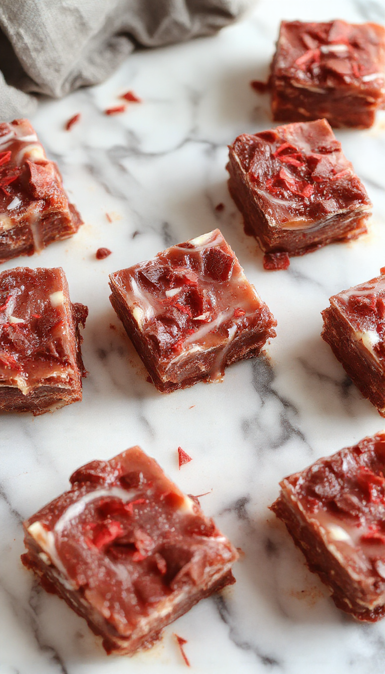 A close-up of Vampire Fudge arranged on a dark plate, showcasing deep red and black swirled colors resembling vampire blood, topped with edible glitter and small vampire-themed decorations, creating a spooky yet enticing presentation.