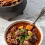 A bubbling black cauldron-shaped pot filled with hearty beef stew, garnished with fresh herbs, sitting on a rustic wooden table with misty surroundings and flickering candles around