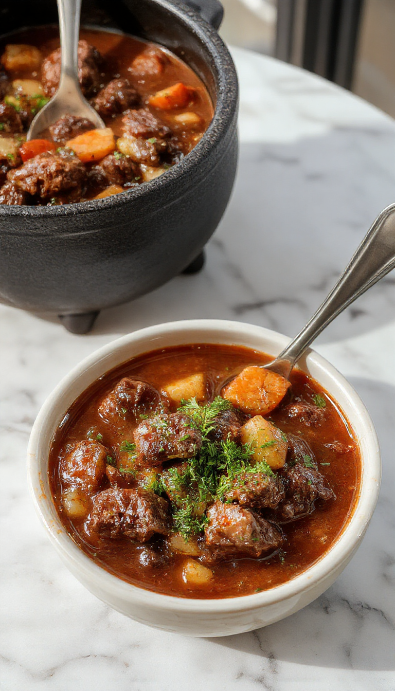 A bubbling black cauldron-shaped pot filled with hearty beef stew, garnished with fresh herbs, sitting on a rustic wooden table with misty surroundings and flickering candles around