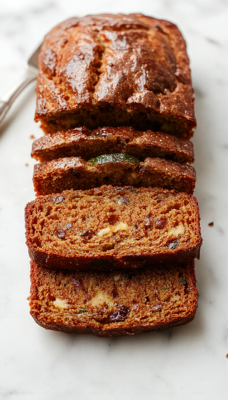 A golden-brown zucchini bread loaf sliced to reveal a moist, green-speckled interior with a slightly cracked top, presented on a rustic wooden board with a few green zucchini beside it. The slices show a tender crumb, with visible bits of shredded zucchini throughout, emphasizing its moist texture and inviting appearance.