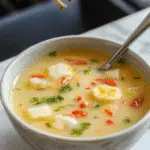 A steaming bowl of classic Chinese Egg Drop Soup with a clear, golden broth, wisps of cooked egg creating delicate ribbons, garnished with chopped green onions and a few drops of soy sauce, presented on a traditional white ceramic plate, with a soft focus background highlighting the soup's inviting warmth and silky texture.