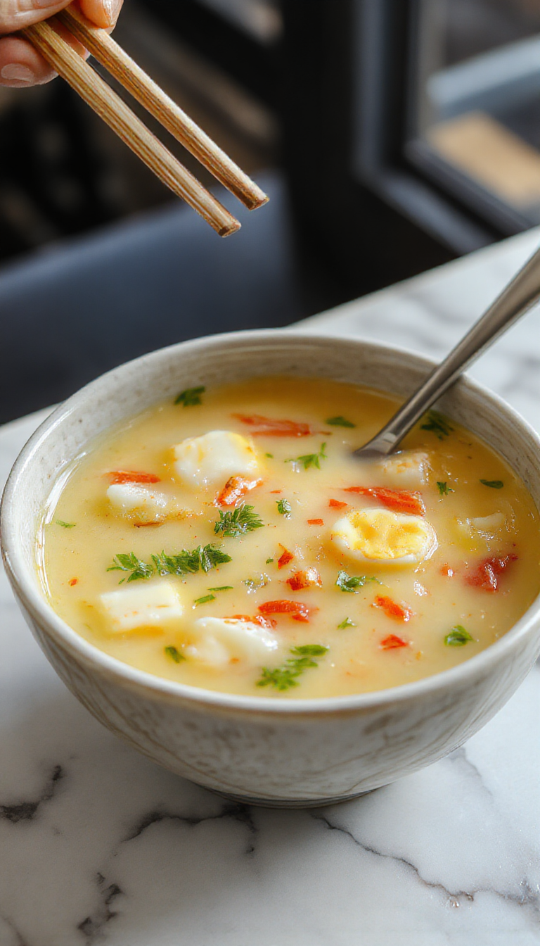A steaming bowl of classic Chinese Egg Drop Soup with a clear, golden broth, wisps of cooked egg creating delicate ribbons, garnished with chopped green onions and a few drops of soy sauce, presented on a traditional white ceramic plate, with a soft focus background highlighting the soup's inviting warmth and silky texture.