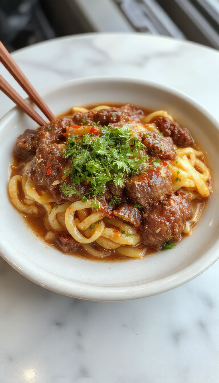 A bowl of beef and noodles garnished with chopped green onions and sesame seeds. The dish features tender ground beef mixed with al dente pasta and a glossy sauce, presented on a rustic wooden table with scattered herbs and vegetables in the background.