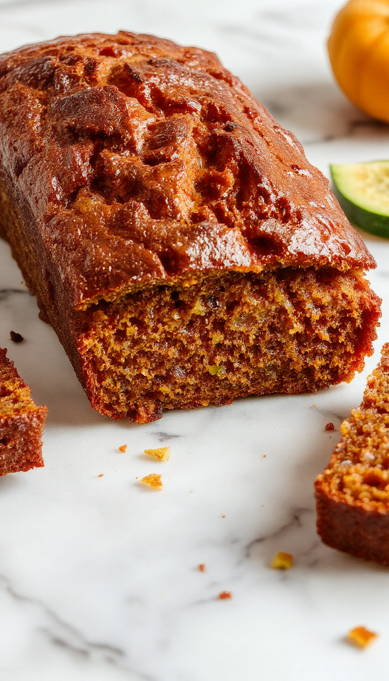 A golden-brown loaf of zucchini pumpkin bread topped with a light dusting of powdered sugar, sliced to reveal moist, speckled interior with hints of orange and green, presented on a rustic wooden board with fresh zucchini and pumpkin placed nearby.