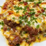 A mouthwatering Amish hamburger steak bake served on a rustic white plate, featuring a juicy ground beef patty topped with caramelized onions and melted cheese. The dish is garnished with fresh herbs, with a side of golden baked potatoes and vibrant green vegetables in the background, capturing a comforting, hearty presentation.