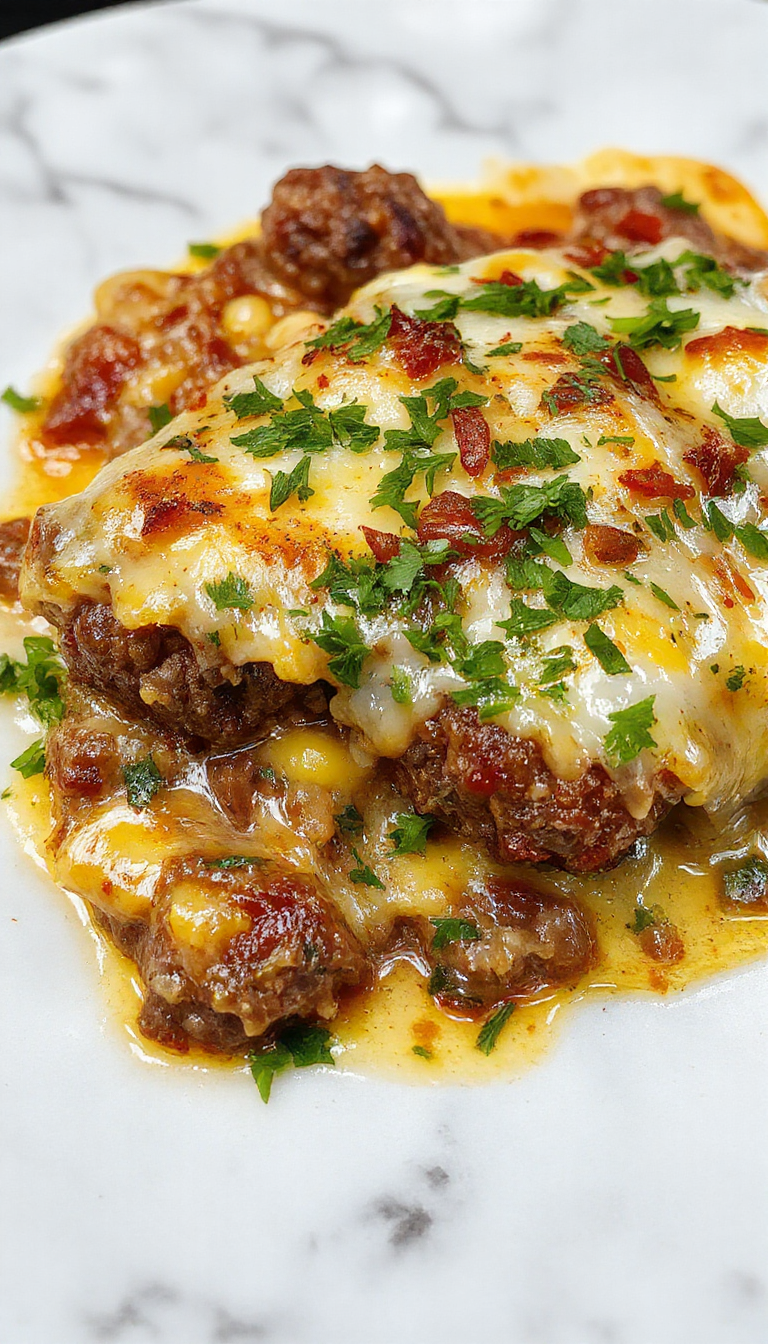 A mouthwatering Amish hamburger steak bake served on a rustic white plate, featuring a juicy ground beef patty topped with caramelized onions and melted cheese. The dish is garnished with fresh herbs, with a side of golden baked potatoes and vibrant green vegetables in the background, capturing a comforting, hearty presentation.