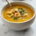 A vibrant bowl of golden-yellow turmeric chicken soup garnished with fresh herbs, served steaming on a rustic wooden table. The soup contains tender chicken pieces, colorful vegetables, and a rich, aromatic broth with visible turmeric strands, creating an inviting and wholesome presentation.