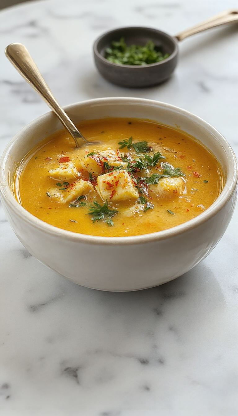 A vibrant bowl of golden-yellow turmeric chicken soup garnished with fresh herbs, served steaming on a rustic wooden table. The soup contains tender chicken pieces, colorful vegetables, and a rich, aromatic broth with visible turmeric strands, creating an inviting and wholesome presentation.