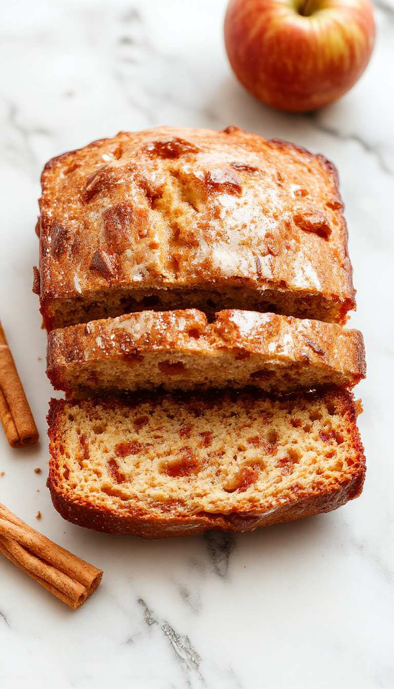 A warm, freshly baked loaf of apple cinnamon bread sits on a rustic wooden surface, sliced open to reveal a fragrant, spiced apple filling. The bread has a golden-brown crust with a textured, slightly cracked top, topped with a dusting of powdered sugar. Sliced pieces are fanned out around the loaf, showcasing the moist, swirled interior filled with cinnamon and apple chunks. The background features a cozy fall setting with autumn leaves and a mug of steaming coffee or tea nearby.